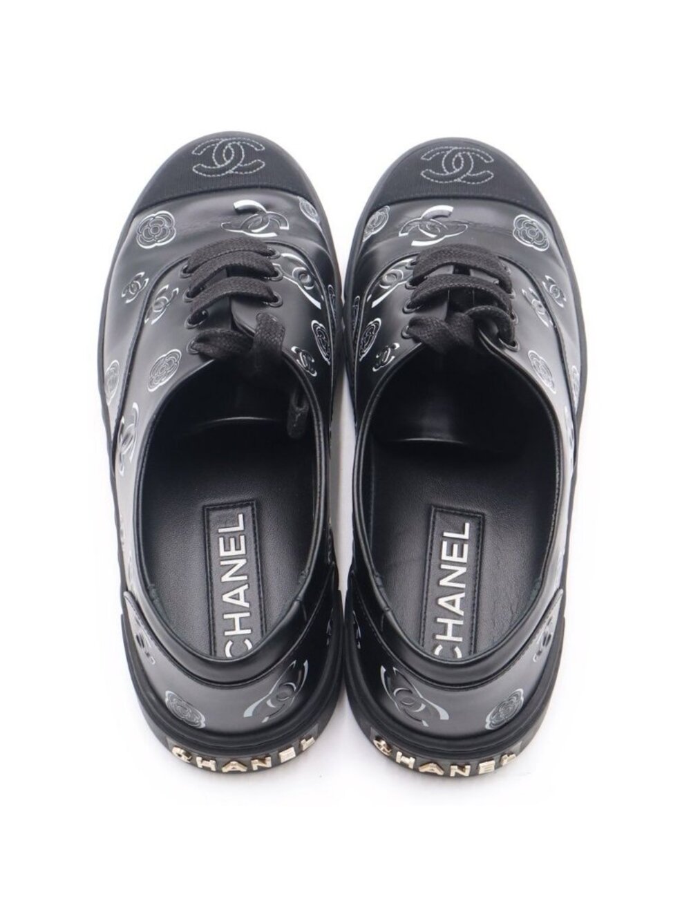 Chanel CC Logo Camellia Sneakers Black Fabric Leather - Picture 4 of 6